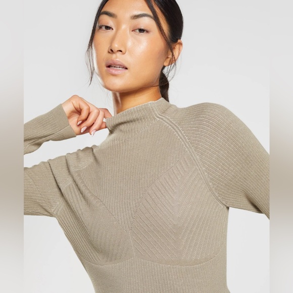 Gymshark PAUSE KNITWEAR LONG SLEEVE TOP Grey Brown Green GS Medium - Picture 1 of 13